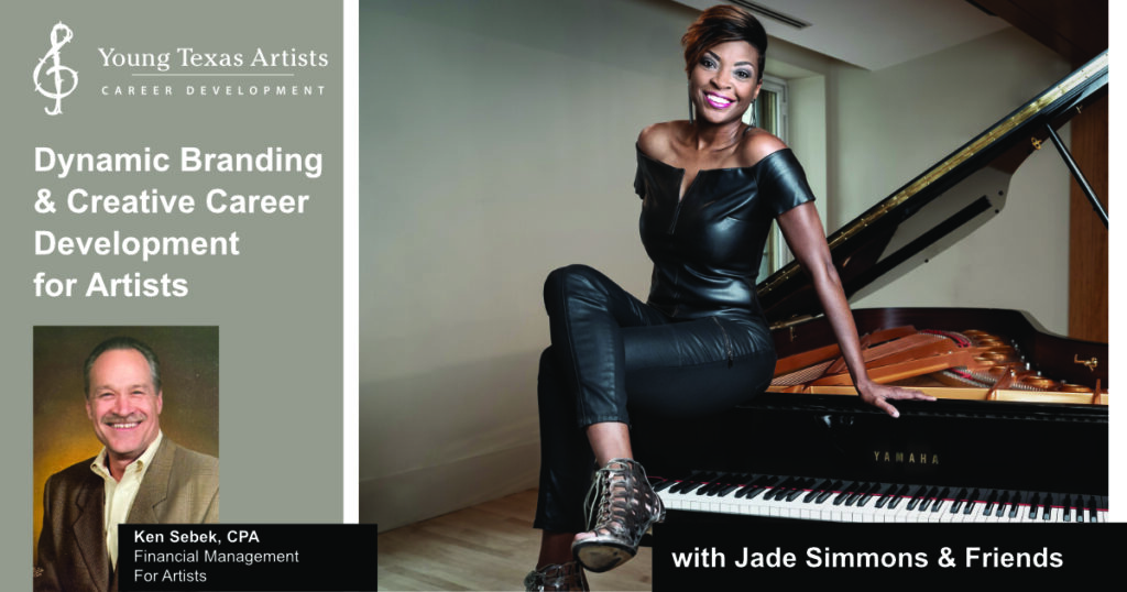 Image features photos of guest speakers Jade Simmons & Ken Sebeck and announces their career development seminar titled Dynamic Branding & Creative Career Development for Artists